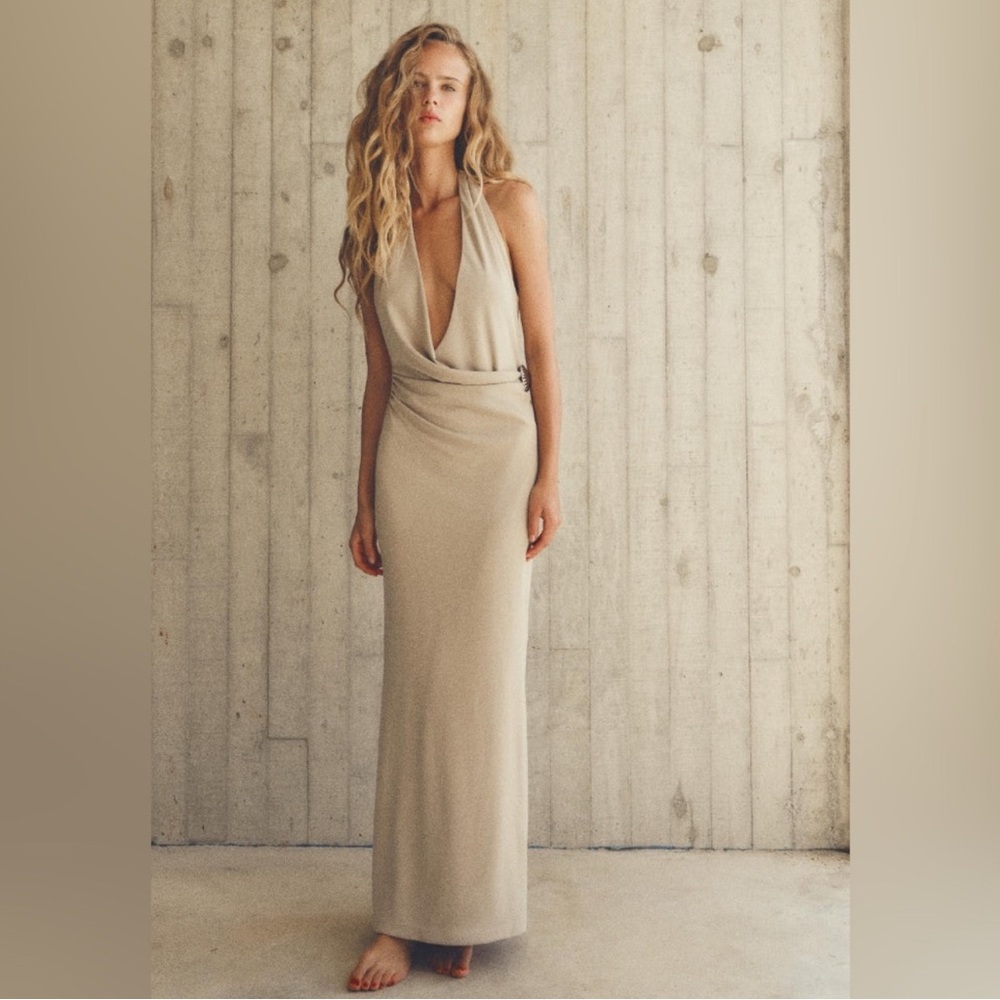 Elegant Beige Halter Maxi Dress